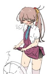  1girl absurdres adapted_costume aqua_necktie brown_hair closed_eyes collared_shirt commentary_request dress dress_shirt electric_fan fanning_crotch grey_thighhighs halter_dress halterneck highres kantai_collection kazagumo_(kancolle) kazagumo_kai_ni_(kancolle) long_hair necktie ponytail purple_dress shirt simple_background skirt_hold solo sweat thighhighs tsuru_(thunder_tsuru) white_background white_shirt 