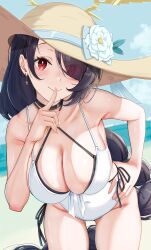  1girl absurdres armpit_crease beach bikini black_bikini black_choker black_hair blue_archive blue_ribbon blue_sky blush braid breasts choker cleavage closed_mouth cloud collarbone commentary_request covered_navel cowboy_shot cross cross_earrings day dutch_angle earrings eyes_visible_through_hair finger_to_mouth flower fluffy_hair foreshortening hair_over_one_eye halo hand_on_own_hip hand_up hat hat_flower hat_ribbon highres hinata_(blue_archive) hinata_(swimsuit)_(blue_archive) index_finger_raised jewelry large_breasts layered_swimsuit leaning_forward long_bangs long_hair looking_at_viewer loosely_tucked_bangs ocean one-piece_swimsuit outdoors parted_bangs red_eyes ribbon sand shushing side-tie_bikini_bottom single_braid sky smile solo standing sun_hat sunlight swimsuit very_long_hair white_flower white_one-piece_swimsuit yami_anko yellow_halo yellow_hat 