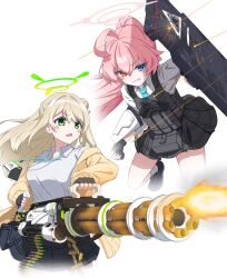  2girls beretta_1301 beretta_92 black_gloves blue_archive blue_eyes blue_necktie breasts bulletproof_vest cardigan checkered_clothes checkered_skirt fingerless_gloves gatling_gun gloves green_eyes green_hair grey_skirt gun handgun heterochromia highres hoshino_(armed)_(blue_archive) hoshino_(blue_archive) iroha_04141 large_breasts m134_minigun minigun multiple_girls necktie nonomi_(blue_archive) official_alternate_costume official_alternate_hairstyle pink_hair ponytail shirt shotgun simple_background skirt small_breasts thighs weapon white_background white_shirt yellow_cardigan yellow_eyes 
