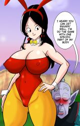  1boy 1girl animal_costume annin_(dragon_ball) black_hair breasts dragon_ball guyvanity kaioshin large_breasts long_hair rabbit_costume rabbit_ears rou_kaioushin smile 
