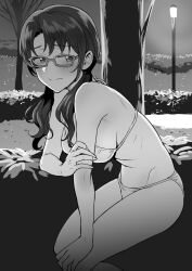  1girl bare_arms bikini blush breasts closed_mouth exhibitionism glasses greyscale hand_on_own_arm hand_on_own_knee highres idolmaster idolmaster_million_live! lamppost long_hair looking_back low_twintails monochrome navel night outdoors public_indecency solo standing swimsuit takayama_sayoko tsurui twintails 