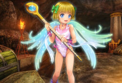 1girl angel_wings blonde_hair blue_eyes bow bracer cave choker dragon_quest dragon_quest_v female_focus gem glowing glowing_wings gluteal_fold groin hair_bow hero&#039;s_daughter_(dq5) highleg highleg_leotard highres indoors leotard loli looking_at_viewer mutsuki_(moonknives) open_mouth pink_leotard ribbon short_hair smile solo staff standing thighs treasure_chest wings rating:Sensitive score:49 user:danbooru