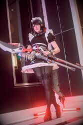  cosplay ellen_joe ellen_joe_(cosplay) fins fish_tail highres maid mangoloo pantyhose real_life shark_tail short_hair tail weapon zenless_zone_zero  rating:General score:4 user:mipaloote