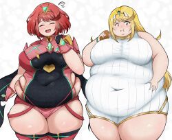 2girls belly_grab big_belly black_gloves blonde_hair blush bob_cut breasts chest_jewel closed_eyes covered_navel diadem earrings eating fat fat_woman fingerless_gloves food food_on_face gloves hand_on_own_stomach hariri highres hip_vent holding holding_food jewelry large_breasts leotard long_hair multiple_girls mythra_(xenoblade) obese onesie open_mouth pink_thighhighs plump pyra_(xenoblade) red_hair ribbed_leotard short_hair skindentation sleeveless smile standing sweat thick_thighs thighhighs thighs tiara white_background white_leotard wristband xenoblade_chronicles_(series) xenoblade_chronicles_2 yellow_eyes