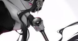  1girl absurdres breasts commentary_request crossed_arms dress earrings eyelashes fingerless_gloves fingernails flower gloves grey_background greyscale hair_flower hair_ornament highres holding holding_weapon jewelry long_hair long_sidelocks looking_at_viewer mano_aaa medium_breasts monochrome pink_eyes pink_nails sidelocks solo spot_color spy_x_family upper_body weapon yor_briar 
