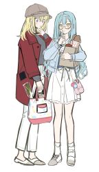 2girls bag baguette bang_dream! bang_dream!_it&#039;s_mygo!!!!! blonde_hair blue_hair blue_jacket bread brown_bag brown_hat coat commentary_request food glasses grey_shirt hairband hat highres holding holding_bag jacket long_hair long_sleeves medium_hair misumi_uika multiple_girls open_clothes open_coat pants purple_eyes red_coat shirt sidelocks simple_background skirt socks spring_onion togawa_sakiko white_background white_hairband white_pants white_skirt white_socks yojeong_dimseom 