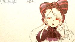 1girl artist_request blonde_hair bow dress female_focus gothic_lolita highres lolita_fashion long_hair looking_at_another monochrome open_mouth overlord_(maruyama) ponytail red_eyes ribbon shalltear_bloodfallen simple_background solo spentworth standing third-party_source rating:Sensitive score:10 user:danbooru