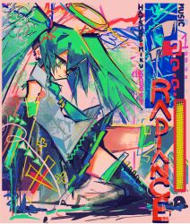  1girl :| abstract absurdres arm_support artist_name black_skirt character_name closed_mouth english_text expressionless from_side green_eyes green_hair green_necktie grey_shirt halftone halo hatsune_miku highres kxbo99 necktie on_one_knee pink_background pleated_skirt shirt skirt sleeveless sleeveless_shirt solo thighs twintails vocaloid 