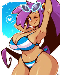 1girl bikini blue_eyes blue_sky breasts cloud dark-skinned_female dark_skin heart huge_breasts legendofnerd looking_at_viewer one_eye_closed ponytail purple_hair shantae shantae_(series) sky sunglasses_on_head swimsuit wide_hips wink 