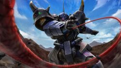  absurdres battle cable cloud company_name copyright_notice damaged debris dirty duel dust gouf gundam gundam_battle_operation_2 gundam_f91_formula_report_0122 highres machinery mecha mecha_focus mobile_suit mobile_suit_gundam mountainous_horizon no_humans official_art one-eyed painting_(medium) pink_eyes radio_antenna realistic rf_gouf robot scan science_fiction shoulder_spikes solo spikes sunrise_(company) tenjin_hidetaka traditional_media zeon 