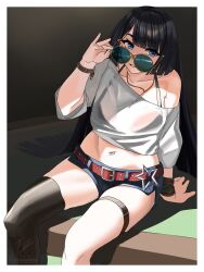  1girl adjusting_eyewear belt bikini bikini_under_clothes black_bikini black_hair black_thighhighs blue_eyes blue_shorts blunt_bangs breasts brown_belt commentary_request feet_out_of_frame long_hair looking_at_viewer looking_over_eyewear mahjong_soul medium_breasts midriff nadeshiko_(mahjong_soul) navel off-shoulder_shirt off_shoulder ryusho_hashida shirt short_shorts shorts single_thighhigh sitting smile solo sunglasses swimsuit thighhighs white_shirt 