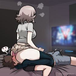 1boy 1girl annoyed ass bed beige_skirt blush breasts clothes_lift danganronpa_(series) devil_may_cry_(series) devil_may_cry_5 erection femdom grey_shorts happy hetero highres hinata_hajime huge_ass large_breasts lying mosbles nanami_chiaki on_back on_bed panties penis pink_panties playing_games school_uniform shorts sitting sitting_on_face sitting_on_person skirt skirt_lift television thick_thighs thighhighs thighs underwear video_game rating:Explicit score:535 user:JustLewdit