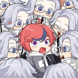  6+boys :d :o ahoge aotsuki_eito black_gloves black_streaks blue_eyes chibi chibi_only chinese_commentary clone commentary drawstring english_commentary glasses gloves grey_eyes grey_hair grey_jacket grin highres hood hoodie jacket looking_at_another looking_at_viewer male_focus medicine14339 mixed-language_commentary multicolored_hair multiple_boys open_clothes open_jacket open_mouth pointing pointing_at_another red_hair short_hair smile streaked_hair sumino_takumi teeth the_hundred_line_-last_defense_academy- too_many upper_teeth_only white_hoodie white_jacket 