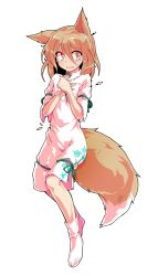  1girl alphes_(style) animal_ears blush bow brown_hair commentary_request crossed_legs dairi defeat fox_ears fox_girl fox_tail full_body green_bow green_ribbon hair_between_eyes hands_on_own_chest holding holding_test_tube kudamaki_tsukasa large_variant_set neck_ribbon parody ribbon romper short_hair short_sleeves socks solo style_parody tachi-e tail test_tube torn_clothes touhou transparent_background variant_set watson_cross white_romper white_socks 