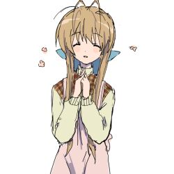  1girl antenna_hair apron bow brown_eyes brown_hair clannad closed_eyes furukawa_sanae hair_bow hitodama_(madatohi) own_hands_together pink_apron smile solo 