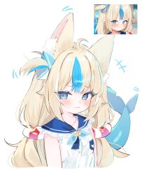  1girl :3 absurdres ahoge animal_ear_fluff animal_ears bikini bikini_under_clothes blonde_hair blue_bikini blue_bow blue_eyes blue_hair blue_sailor_collar blunt_bangs bow cat_ears commentary cropped_torso dress english_commentary fang fins fish_girl fish_tail frilled_sailor_collar frills hair_bow highres indie_virtual_youtuber lifebuoy_hair_ornament long_hair looking_at_viewer low_twintails multicolored_hair one_side_up sailor_collar sailor_dress sameko_saba screenshot_inset shouu-kun simple_background skin_fang sleeveless sleeveless_dress solo streaked_hair striped_bikini striped_clothes swimsuit tail twintails upper_body virtual_youtuber white_background white_dress white_hair 