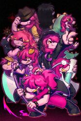  1girl adversarial_noise axe black_background black_boots black_hat boots bracelet closed_eyes colored_skin deltarune drumsticks fedora full_body furry furry_female grin hat highres hipppiiii holding holding_axe holding_drumsticks holding_syringe jewelry long_hair multiple_views official_alternate_costume open_mouth outstretched_arm pants pink_hair pink_skin purple_pants sharp_teeth smile spiked_bracelet spikes susie_(dark_world)_(deltarune) susie_(deltarune) susie_(lightners_live)_(deltarune) syringe teeth 