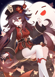 1girl 1other ;d absurdres arm_up ass black_headwear black_nails black_shorts boo_tao_(genshin_impact) brown_hair bug butterfly chinese_clothes closed_eyes commentary_request fang flower flower-shaped_pupils full_moon genshin_impact ghost hair_between_eyes hat hat_flower hat_ornament highres hu_tao_(genshin_impact) hu_tao_(sweets_paradise)_(genshin_impact) insect kneehighs long_hair long_sleeves looking_at_viewer moon nail_polish night night_sky official_alternate_costume one_eye_closed open_mouth orange_eyes origami_(poinia) porkpie_hat riding short_shorts shorts sidelocks sitting sky smile socks star_(sky) starry_sky symbol-shaped_pupils teeth twintails vision_(genshin_impact) white_socks wide_sleeves rating:General score:9 user:danbooru