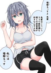 1girl aqua_eyes black_shorts breasts camisole commentary_request dolphin_shorts feet_out_of_frame grey_hair highres kuromiya_sakana large_breasts looking_at_viewer medium_hair midriff_peek navel original short_shorts shorts simple_background solo speech_bubble thighhighs translated white_background 
