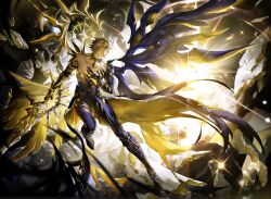  1boy absurdres alternate_form asymmetrical_wings bare_pectorals black_shirt black_wings blonde_hair commentary_request cracked_skin hair_between_eyes halo halo_behind_head hand_on_own_chest highres holding holding_sword holding_weapon honkai:_star_rail honkai_(series) korean_commentary male_focus material_growth pectorals phainon_(honkai:_star_rail) shirt short_hair solo sword torn_clothes torn_shirt vlfdus_0 weapon wings yellow_blood yellow_eyes yellow_wings 