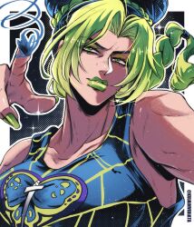  1girl animal_print blue_hair blue_tank_top braid breasts butterfly_print cappuris commentary double_bun english_commentary green_eyes green_hair green_lips green_nails hair_bun heart heart_print highres jojo_no_kimyou_na_bouken kuujou_jolyne looking_at_viewer medium_breasts multicolored_hair parted_bangs pointing pointing_at_viewer single_braid solo spider_web_print stand_(jojo) stone_ocean string sword_print tank_top two-tone_hair 