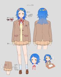  1girl ado_(utaite) blue_hair blush brown_jacket brown_shoes brown_skirt closed_mouth collared_shirt commentary_request grey_background hair_ornament hairclip hassan_(sink916) highres jacket loafers long_hair long_sleeves mole mole_under_eye multiple_views neck_ribbon pleated_skirt red_ribbon ribbon school_uniform shirt shoes simple_background skirt socks sweater translation_request watashi_ni_hanataba white_shirt white_socks yellow_eyes yellow_sweater 