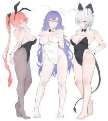 3girls absurdres alternate_costume animal_ear_hairband animal_ears black_bow black_bowtie black_hairband black_leotard blue_hair blush bow bowtie breasts cantarella_(wuthering_waves) changli_(wuthering_waves) demon_horns demon_tail detached_collar fake_animal_ears full_body green_eyes grey_pantyhose groin hair_between_eyes hairband highres horns leotard licking_lips long_hair looking_at_viewer medium_breasts multiple_girls orange_hair pantyhose parted_lips playboy_bunny ponytail rabbit_ear_hairband rabbit_ears rabbit_tail red_eyes short_hair sideboob sketch standing strapless strapless_leotard tail tongue tongue_out very_long_hair white_hair white_hairband wrist_cuffs wuthering_waves xaea_xp zani_(wuthering_waves) rating:Sensitive score:62 user:danbooru