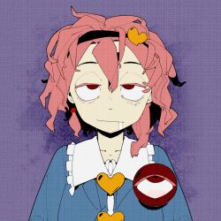  1girl bags_under_eyes blue_shirt bolos buttons drooling frilled_shirt_collar frills hair_ornament heart heart_button heart_hair_ornament highres komeiji_satori messy_hair pink_hair red_eyes shirt solo third_eye touhou upper_body 