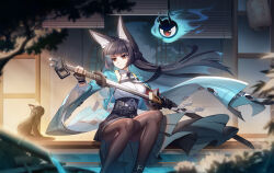  1girl absurdres animal_ear_fluff animal_ears black_cat black_gloves black_hair black_necktie black_pantyhose black_skirt blunt_bangs breasts cat closed_mouth fingerless_gloves fox_ears fox_girl gauntlets gloves green_jacket high-waist_skirt highres holding holding_weapon hoshimi_miyabi jacket kangg katana large_breasts long_hair necktie pantyhose red_eyes scabbard sheath shide shirt sidelocks single_fingerless_glove single_gauntlet sitting skirt solo sword tailless_(zenless_zone_zero) weapon white_shirt zenless_zone_zero 