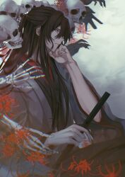  1boy bishounen black_hair black_hanfu chinese_clothes chromatic_aberration coat flower flute from_side grey_coat hair_between_eyes hair_down hair_ribbon half_updo hand_on_own_chin hand_on_own_face hanfu highres holding holding_flute holding_instrument instrument karanosora long_hair long_sleeves looking_to_the_side male_focus modao_zushi official_alternate_costume official_alternate_hairstyle profile red_flower red_ribbon ribbon robe sitting skeleton skull smoke solo spider_lily upper_body very_long_hair wei_wuxian wei_wuxian_(yiling_laozu) wide_sleeves 