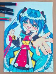  1girl :d alternate_costume art_tools_in_frame blue_dress blue_eyes blue_hair blush blush_stickers bow buttons colored_pencil_(medium) detached_sleeves dress flat_chest frilled_dress frills hand_up hatsune_miku highres long_hair looking_at_viewer magical_mirai_(vocaloid) magical_mirai_miku magical_mirai_miku_(2018) marker_(medium) multicolored_eyes official_alternate_costume open_mouth single_blush_sticker smile sn_(sn_utu00) solo traditional_media upper_body vocaloid 
