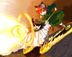 2girls :3 animal_ears arm_cannon black_wings blanket bow braid cape cat_ears cat_girl chibi dress fang female_focus fire green_dress hair_bow kaenbyou_rin madara_hato motion_lines multiple_girls o_o open_mouth red_eyes red_hair reiuji_utsuho running shirt shoot sitting skirt smile solid_circle_eyes speed_lines third_eye touhou twin_braids weapon wheelbarrow wings rating:Sensitive score:15 user:danbooru