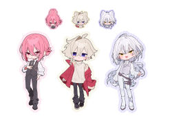  3boys :&lt; :3 absurdres ahoge black_necktie black_pants black_shoes blonde_hair blush braid chibi chibi_inset closed_mouth collared_shirt commentary_request fang hair_between_eyes highres jacket long_hair multiple_boys necktie original outline pants pink_eyes pink_hair pink_outline purple_eyes purple_outline purple_vest red_jacket seto_(setosan) shirt shoes single_hair_intake sleeves_past_wrists sweater vest watermark white_background white_hair white_pants white_shirt white_shoes white_sweater yellow_eyes yellow_outline 