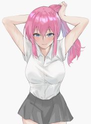 1girl blue_eyes blush bmyoshikun123 closed_mouth collared_shirt hair_between_eyes highres holding holding_own_hair kawaii_dake_ja_nai_shikimori-san long_hair looking_at_viewer pink_hair ponytail shikimori_miyako shirt short_sleeves simple_background skirt smile solo white_background white_shirt rating:Sensitive score:42 user:danbooru