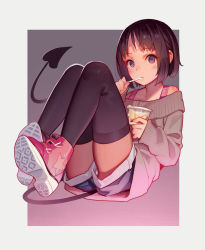 1girl beige_sweater black_thighhighs brown_eyes brown_hair chromatic_aberration commentary commentary_request demon_girl demon_tail eating english_commentary food full_body gradient_background highres loli long_sleeves looking_at_viewer mixed-language_commentary miyu_(tiny_evil) muk_(monsieur) off-shoulder_sweater off_shoulder panties panties_under_shorts panty_peek pink_shoes pink_tank_top pudding shoes short_hair shorts sleeves_past_wrists solo spoon sweater tail tank_top thighhighs tiny_evil underwear upshorts utensil_in_mouth rating:Sensitive score:175 user:danbooru
