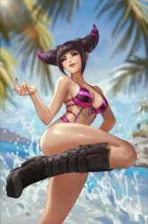  1girl artist_request black_hair blue_sky boots breasts han_juri heterochromia large_breasts lips nails ocean official_art one_leg_raised pointing pointing_at_self presenting sky smile street_fighter street_fighter_6 swimsuit udon_entertainment water 