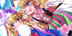  2girls black_hat blonde_hair blue_eyes blue_kimono blue_sky blush cloud clownpiece clownpiece_(the_goddess_of_hell&#039;s_favorite) cotton_candy cross-laced_clothes day floral_print flower food frilled_sleeves frills game_cg hat highres hinoue_itaru holding holding_cotton_candy holding_food holding_megaphone japanese_clothes jester_cap kimono lily_white lily_white_(spring_is_the_season_of_growth!) long_hair long_sleeves looking_at_viewer megaphone multicolored_kimono multiple_girls official_art one_eye_closed open_mouth petal_print pink_eyes pink_kimono polka_dot polka_dot_headwear print_kimono purple_hat red_flower red_rose rose sky smile star_(symbol) star_print third-party_source touhou touhou_lostword v very_long_hair white_kimono wide_sleeves 