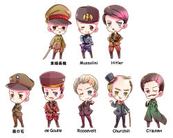  adolf_hitler benito_mussolini cane charles_de_gaulle chibi copyright_request crossed_arms darjeeling_(girls_und_panzer) everyone franklin_d._roosevelt glasses hat highres joseph_stalin male_focus military_uniform parody pixiv russian_text simple_background swastika top_hat white_background winston_churchill world_war_ii 