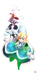  1girl arm_warmers black_skirt blonde_hair bubble closed_mouth commentary_request fish full_body goldfish green_eyes grey_shirt half_updo highres looking_at_viewer misaki_(pixiv1763138) mizuhashi_parsee open_mouth pointy_ears scarf shirt short_hair short_sleeves skirt skull smile solo touhou white_background white_scarf 