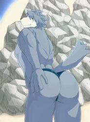  1boy animal_ears ass bara bent_over blue_male_underwear blush commentary_request dog_boy dog_ears dog_nose dog_tail from_behind furry furry_male grey_fur grey_hair guhze1820 hand_on_own_ass kouya_aotsuki looking_at_viewer looking_back male_focus male_underwear morenatsu muscular muscular_male pectorals tail topless_male underwear yaoi 