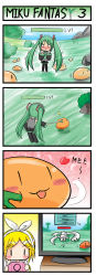  2girls 4koma blonde_hair blush catstudioinc_(punepuni) chibi comic computer death drops_(ragnarok_online) green_hair hatsune_miku heart highres kagamine_rin monitor multiple_girls poking ragnarok_online sharp_teeth silent_comic spring_onion teeth translated trembling twintails vocaloid  rating:Sensitive score:4 user:Dolljoints