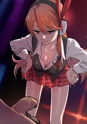  1girl absurdres akame_ga_kill! ball_busting bdsm black_vest breasts candy cbt character_request chelsea_(akame_ga_kill!) collarbone commission femdom flaccid food hairband hands_on_own_hips highres leaning_forward legs lollipop long_hair looking_at_penis looking_down medium_breasts orange_hair penis pixiv_commission pleated_skirt red_eyes red_skirt shirt skirt standing straydogshelter swept_bangs testicles vest white_shirt 
