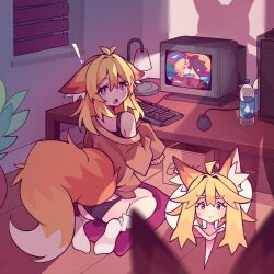  ! 2girls :&gt; ahoge animal_ear_fluff animal_ears bags_under_eyes black_panties blonde_hair caught commentary computer computer_keyboard computer_mouse crt cushion desk desk_lamp double-parted_bangs droopy_ears english_commentary fox_ears fox_girl fox_tail from_behind hair_between_eyes highres indoors kazumiskill lamp long_hair looking_at_viewer multiple_girls no_pants off-shoulder_shirt off_shoulder open_mouth original panties red_eyes seiza shadow shirt siblings sidelocks sisters sitting sleeves_past_fingers sleeves_past_wrists socks spoken_expression star-shaped_pupils star_(symbol) sweatdrop symbol-shaped_pupils tail thick_eyebrows underwear walk-in white_socks 