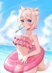 animal_ear_fluff animal_ears bare_arms bare_shoulders bikini blonde_hair blue_eyes blue_sky cloud collarbone cowboy_shot crossed_bangs day dog_ears dog_tail food food_in_mouth frilled_bikini frills from_side hair_between_eyes hololive horizon light_blush looking_at_viewer mococo_abyssgard multicolored_hair nail_polish navel ocean orihimestudio outdoors pink_bikini pink_hair pink_innertube popsicle popsicle_in_mouth red_nails short_hair sky standing streaked_hair swimsuit tail transparent_innertube virtual_youtuber water yellow_tail