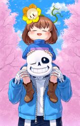  1boy 1other =_= amber_graygamma ankle_boots black_sclera blue_jacket blue_sky blush boots brown_boots brown_hair carrying carrying_person child closed_eyes cloud colored_sclera colored_skin day facing_viewer flower flowey_(undertale) grin hands_on_another&#039;s_head hood hood_down hooded_jacket jacket one_eye_closed open_mouth outdoors sans_(undertale) short_hair shoulder_carry sitting_on_shoulder skeleton sky smile undertale white_skin yellow_flower zipper zipper_pull_tab 