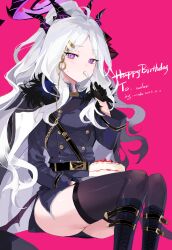 1girl absurdres ahoge armband ass belt birthday_cake black_coat black_gloves black_skirt black_thighhighs blue_archive boots cake coat coat_on_shoulders commentary_request demon_girl demon_horns demon_wings eating english_text food forehead gloves hair_ornament hairclip halo heart highres hina_(blue_archive) holding_utensil horns knee_boots long_hair long_sleeves looking_at_viewer meng_ziya military military_uniform open_clothes open_coat parted_bangs pencil_skirt ponytail purple_eyes red_armband red_background sam_browne_belt shoulder_belt side_slit sidelocks simple_background sitting skirt solo thighhighs utensil_in_mouth white_hair wings zettai_ryouiki rating:Sensitive score:20 user:buster2222