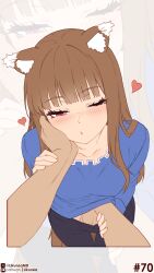  1girl absurdres animal_ear_fluff animal_ears artist_name blue_shirt blunt_bangs blush brown_hair closed_mouth collarbone half-closed_eyes hand_on_another&#039;s_arm hand_on_another&#039;s_face heart highres holo implied_fingering likunea long_eyelashes long_hair looking_at_viewer one_eye_closed pants patreon_username pov pov_hands red_eyes shirt solo spice_and_wolf standing tail thigh_gap twitter_username wolf_ears wolf_girl wolf_tail zoom_layer 
