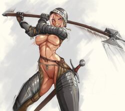  1girl armor breasts chausses cleft_of_venus counter cowboy_shot cuisses dark-skinned_female dark_skin ebenholz_(ironlily) female_knight fighting_stance flashing functionally_nude gauntlets halberd helmet holding holding_polearm holding_weapon knight large_breasts latin_text leather_belt looking_at_viewer lowres made_in_2024 midriff motion_blur naked_armor narrow_waist nipples nude pauldrons pink_hair polearm public_indecency purple_eyes pussy rerebrace reverse_bikini_armor reverse_outfit scabbard scar scar_on_face sheath shoulder_armor simple_background sirpetus smile solo standing sword tan vambraces weapon  rating:Explicit score:59 user:TheSittingTraveller