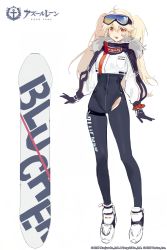  1girl ahoge azur_lane black_gloves blonde_hair bluecher_(azur_lane) bluecher_(high-altitude_head_over_heels)_(azur_lane) copyright_name cropped_jacket full_body gloves goggles goggles_on_head heart heart-shaped_pupils highres jacket kurumi_(recycllamo) long_hair long_sleeves looking_at_viewer multicolored_jacket official_alternate_costume official_art open_mouth red_eyes simple_background smile snowboard solo symbol-shaped_pupils two-tone_jacket white_background  rating:Sensitive score:23 user:danbooru