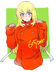  1girl blonde_hair blue_eyes blush border buttons chako_(sjirusi) closed_mouth colette_brunel cosplay double-breasted flying_sweatdrops green_background lloyd_irving lloyd_irving_(cosplay) long_hair long_sleeves looking_down red_shirt scarf shirt sleeves_past_wrists smile solo tales_of_(series) tales_of_symphonia upper_body white_border white_scarf 